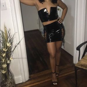 Black vinyl double lace up mini skirt Clearance